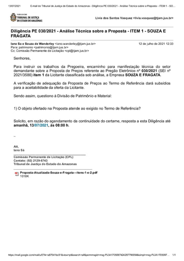 PREGÃO ELETRÔNICO Nº 030/2021 - DILIGÊNCIA CPL À DIVISÃO DE PATRIMÔNIO - PROPOSTA - SOUZA E FRAGATA