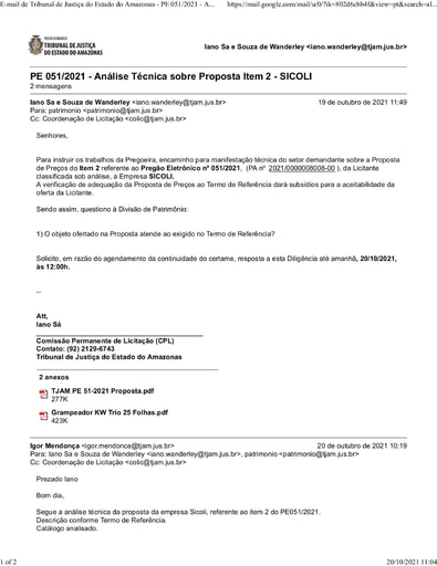 PREGÃO ELETRÔNICO Nº 51/2021 - E-MAIL DILIGÊNCIA - PROPOSTA - ITEM 2 - SICOLI