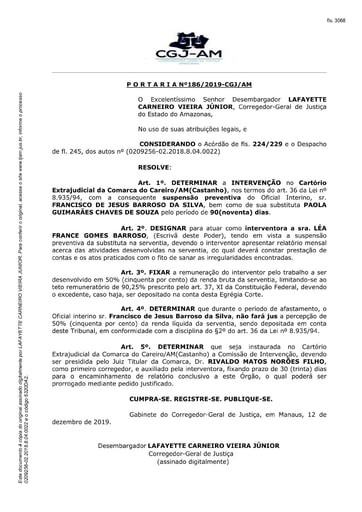 Portaria nº186/2019-CGJ/AM (Determina a Intervenção no Cartório Extrajudicial da Comarca de Careiro Castanho/AM)