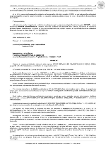 PREGÃO ELETRÔNICO Nº 022/2020 – DESPACHO – DECISÃO ACERCA DO RECURSO (DJE)