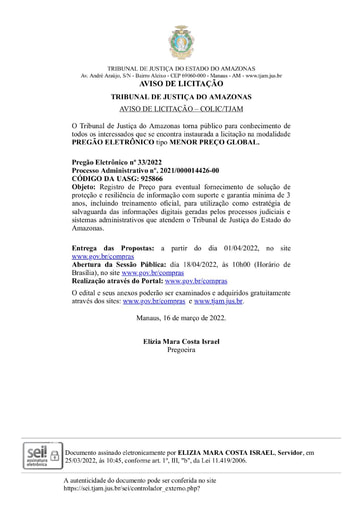 PREGÃO ELETRÔNICO Nº 033/2022 - AVISO DE LICITAÇÃO