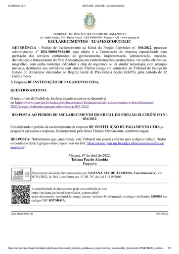 PREGÃO ELETRÔNICO Nº 036/2022 - RESPOSTA AO PEDIDO DE ESCLARECIMENTO - BF INSTITUIÇÃO