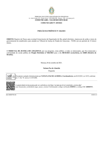 PREGÃO ELETRÔNICO Nº 46/2021 - COMUNICADO - REDESIGNAÇÃO DE SESSÃO