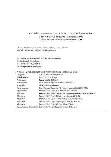 Pauta de Julgamento da Sessão Ordinária da Segunda Câmara Cível -  21.02.2022 (Videoconferência)