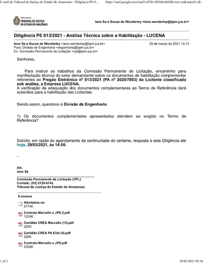 PREGÃO ELETRÔNICO Nº 013/2021 - DILIGÊNCIA CPL À DIVISÃO DE ENGENHARIA - DOC. COMPLEMENTAR - LUCENA