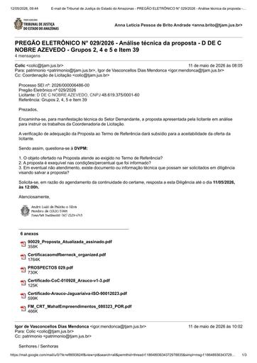 PREGÃO ELETRÔNICO Nº 029/2026 - DILIGÊNCIA COLIC À DVPM - PROPOSTA - D DE C NOBRE AZEVEDO - GRUPOS 2, 4, 5 e ITEM 39
