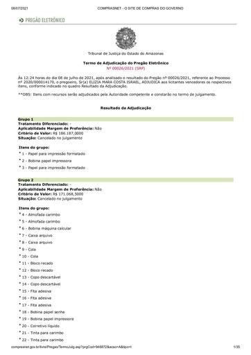 PREGÃO ELETRÔNICO Nº 026/2021 - TERMO DE ADJUDICAÇÃO