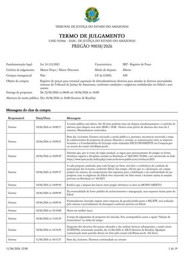 PREGÃO ELETRÔNICO Nº 038/2026 - TERMO DE JULGAMENTO - ATA E RESULTADO
