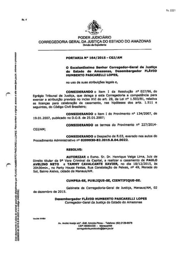 Portaria nº164/2015-CGJ/AM (Autoriza o Dr. Henrique Veiga Lima a realizar o casamento no dia 18/12/2015)