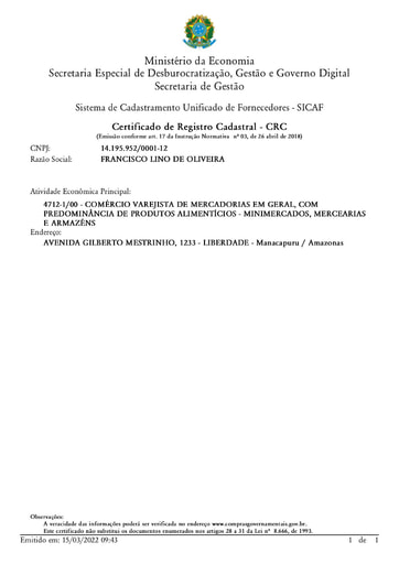 PREGÃO ELETRÔNICO Nº 018/2022 - SICAF E CNDT - GRUPO 7 - FRANCISCO LINO