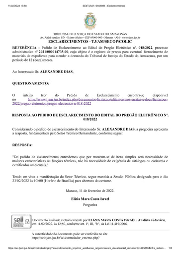 PREGÃO ELETRÔNICO Nº 018/2022 - RESPOSTA AO PEDIDO DE ESCLARECIMENTO - ALEXANDRE DIAS