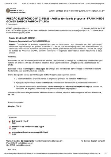 PREGÃO ELETRÔNICO Nº 031/2026 - DILIGÊNCIA COLIC À SETIC - PROPOSTA RETIFICADA - FRANCINEIDE GOMES SANTOS PAMPONET LTDA