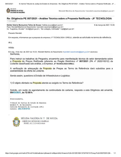 PREGÃO ELETRÔNICO Nº 007/2021 – DILIGÊNCIA CPL Á DIVISÃO INFRAESTRUTURA E LOGÍSTICA - PROPOSTA RETIFICADA - JF TECNOLOGIA