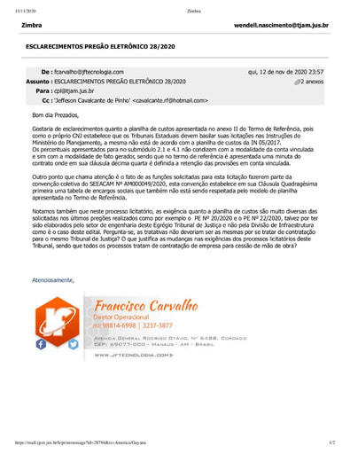 PREGÃO ELETRÔNICO Nº 028/2020 - PEDIDO DE ESCLARECIMENTO - JF TECNOLOGIA