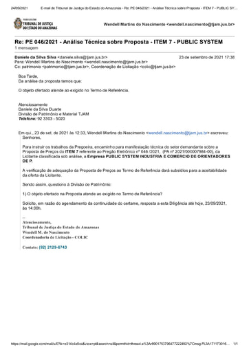 PREGÃO ELETRÔNICO Nº 46/2021 - DILIGÊNCIA COLIC À DIVISÃO DE PATRIMÔNIO - ITEM 7 - PUBLIC SYSTEM