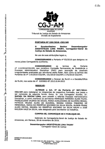 Portaria nº220/2016-CGJ/AM (Alterar o art. 2º da Portaria nº 307/2014-CGJ/AM para redesignar os integrantes da Comissão)