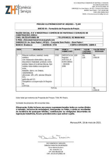 PREGÃO ELETRÔNICO Nº 002/2021 - PROPOSTA RETIFICADA - ITEM 2 - R E V INDÚSTRIA
