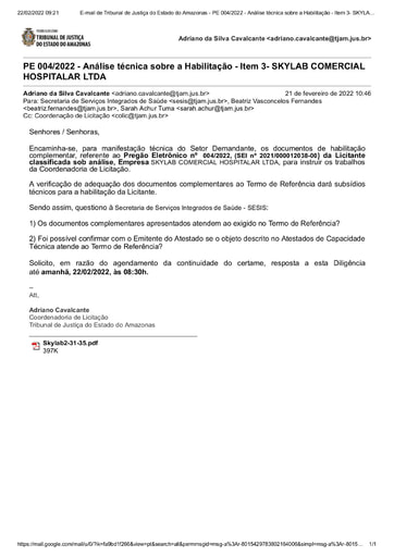 PREGÃO ELETRÔNICO Nº 004/2022 - DILIGÊNCIA COLIC À SECRETARIA DE SERVIÇOS INTEGRADOS DE SÁUDE - ITEM 3 - HABILITAÇÃO - SKYLAB