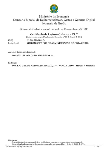 PREGÃO ELETRÔNICO Nº 006/2021 - HABILITAÇÃO - SICAF E CNDT - GRIFON