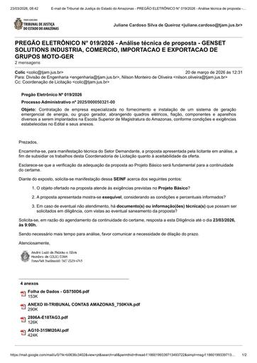 PREGÃO ELETRÔNICO Nº 019/2026 - DILIGÊNCIA COLIC À SEINF - PROPOSTA - GENSET SOLUTIONS INDUSTRIA, COMERCIO, IMPORTACAO E EXPORTACAO DE GRUPOS MOTO-GER