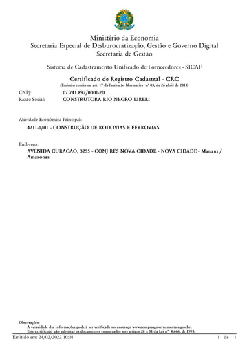 TOMADA DE PREÇOS N° 001/2022 - SICAF E CNDT - CONSTRUTORA RIO NEGRO