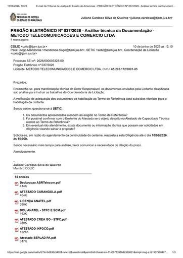 PREGÃO ELETRÔNICO Nº 037/2026 - DILIGÊNCIA COLIC À SETIC - DOCUMENTOS DE HABILITAÇÃO - METODO TELECOMUNICACOES E COMERCIO LTDA