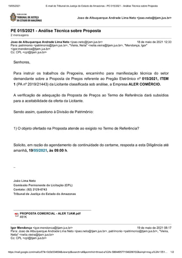 PREGÃO ELETRÔNICO Nº 015/2021 - DILIGÊNCIA CPL À DIVISÃO DE PATRIMÔNIO - PROPOSTA - ITEM 1 -  ALER