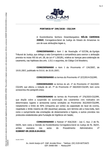 Portaria nº 299/2020-CGJ/AM (Autoriza a Ilma. Sra. Juíza de Paz Dra. DÉBORA KATELEN HORTA DE AQUINO a realizar o casamento de ALEXANDRE SALDANHA DE OLIVEIRA e MARIA NATHALIA DIAS RIKER, no dia 23/01/2021)