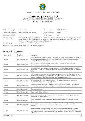 PREGÃO ELETRÔNICO Nº 026/2026 - TERMO DE JULGAMENTO - ATA E RESULTADO