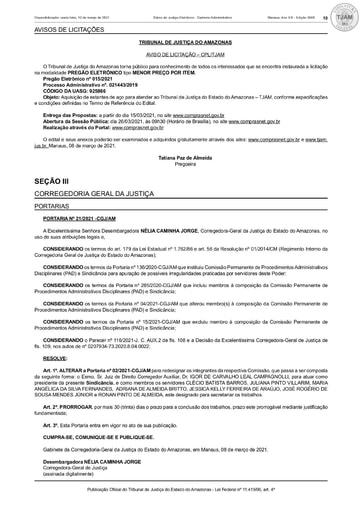 PREGÃO ELETRÔNICO Nº 015/2021 - AVISO DE LICITAÇÃO - DJE