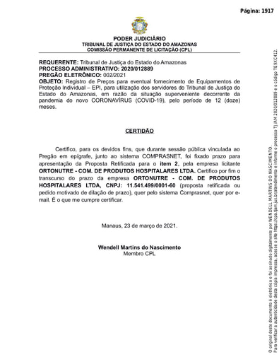 PREGÃO ELETRÔNICO Nº 002/2021 - CERTIDÃO DECURSO DE PRAZO - ITEM 2 - ORTONUTRE