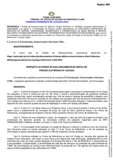 PREGÃO ELETRÔNICO Nº 020/2020 - RESPOSTA AO PEDIDO DE ESCLARECIMENTO - C S CONSTRUÇÃO