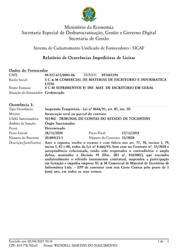 PREGÃO ELETRÔNICO Nº 037/2021 - SUSPENSÃO - S C & M  - ITENS 5 E 9