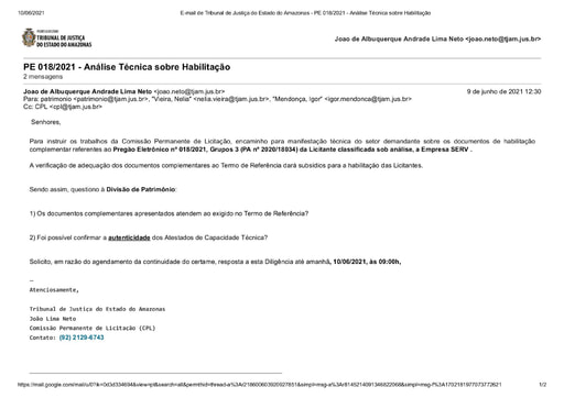 PREGÃO ELETRÔNICO Nº 018/2021 - DILIGÊNCIA CPL À DIVISÃO DE PATRIMÔNIO - HABILITAÇÃO - GRUPO 3 - SERV CONSTRUTORA