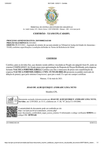PREGÃO ELETRÔNICO Nº 015/2021 - CERTIDÃO DECURSO DE PRAZO - ITEM 1 - NÁUTICA FORTMIX
