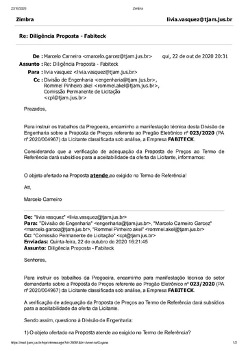 PREGÃO ELETRÔNICO Nº 023/2020 - DILIGÊNCIA CPL À DIVISÃO DE ENGENHARIA - PROPOSTA - FABITECK