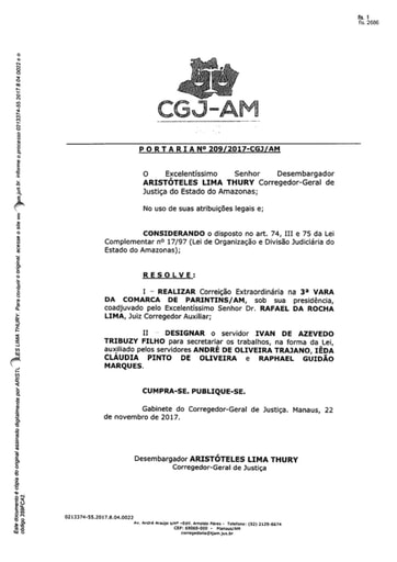 Portaria nº209/2017-CGJ/AM (Realiza Correição Extraordinária na 3ª Vara da Comarca de Parintins/AM)