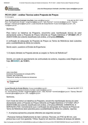PREGÃO ELETRÔNICO Nº 011/2021 - DILIGÊNCIA CPL À DIVISÃO DE ENGENHARIA - PROPOSTA - BRAGAL