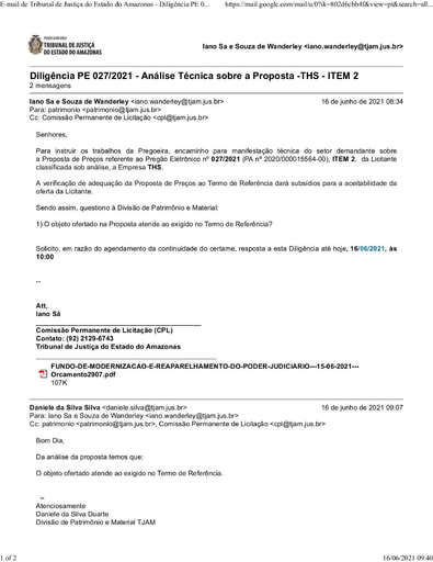 PREGÃO ELETRÔNICO Nº 027/2021 - DILIGÊNCIA CPL À DIVISÃO DE PATRIMÔNIO - PROPOSTA - THS - ITEM 2