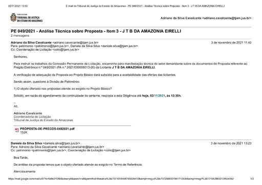 PREGÃO ELETRÔNICO Nº 49/2021 - DILIGÊNCIA COLIC À DIVISÃO DE PATRIMÔNIO - PROPOSTA - ITEM 3 - JTB