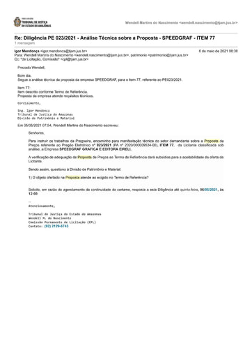 PREGÃO ELETRÔNICO Nº 023/2021 – DILIGÊNCIA CPL À DIVISÃO DE PATRIMÔNIO - PROPOSTA - SPEEDGRAF - ITEM 77