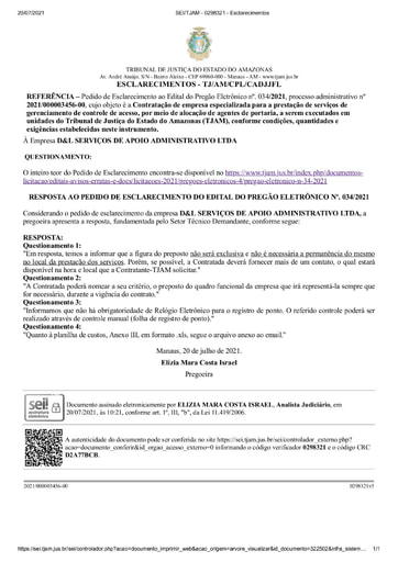 PREGÃO ELETRÔNICO Nº 034/2021 - RESPOSTA AO PEDIDO DE ESCLARECIMENTO - D&L SERVIÇOS