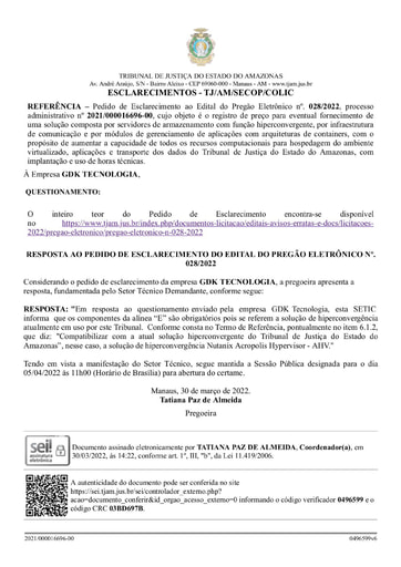 PREGÃO ELETRÔNICO Nº 028/2022 - RESPOSTA AO PEDIDO DE ESCLARECIMENTO - GDK