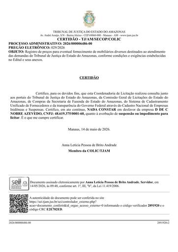 PREGÃO ELETRÔNICO Nº 029/2026 - CERTIDÃO NADA CONSTA - D DE C NOBRE AZEVEDO - GRUPO 2