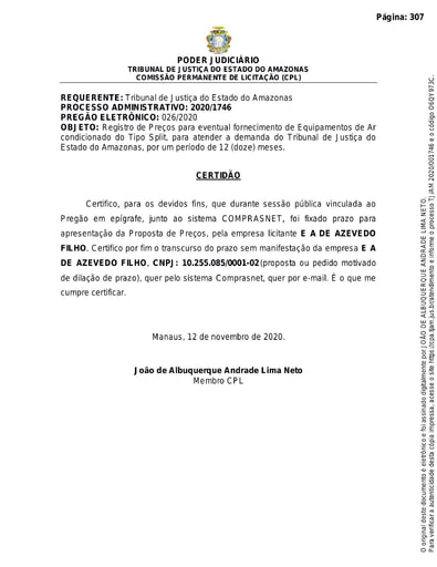 PREGÃO ELETRÔNICO Nº 026/2020 - CERTIDÃO DECURSO DE PRAZO - E A DE AZEVEDO