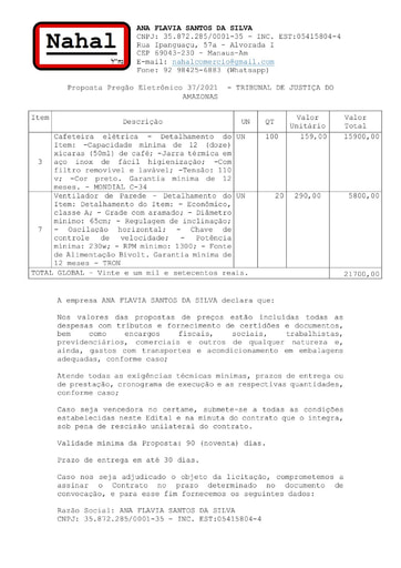 PREGÃO ELETRÔNICO Nº 037/2021 – DILIGÊNCIA CPL À DIVISÃO DE PATRIMÔNIO - PROPOSTA RETIFICADA - ITENS 3 E 7 - ANA FLAVIA