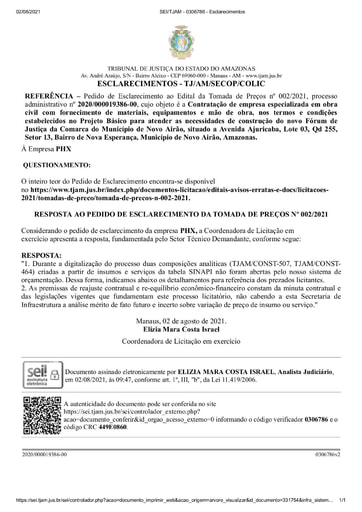 TOMADA DE PREÇOS Nº 002/2021 - RESPOSTA AO PEDIDO DE ESCLARECIMENTO 2 - PHX