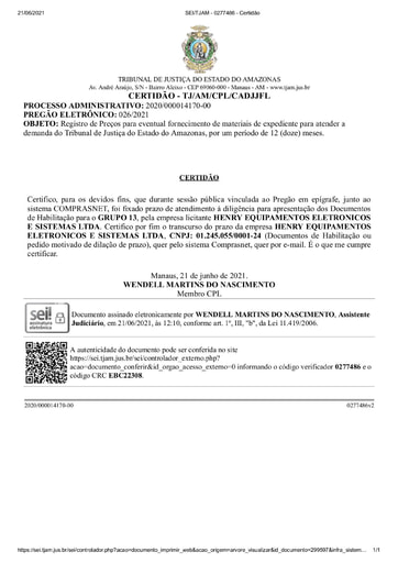 PREGÃO ELETRÔNICO Nº 026/2021 - CERTIDÃO DECURSO DE PRAZO - HABILITAÇÃO - GRUPO 13 - HENRY