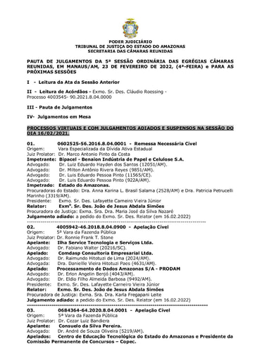 PAUTA DE JULGAMENTO DO DIA 23 02 2022