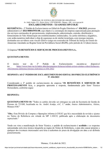 PREGÃO ELETRÔNICO Nº 036/2022 - RESPOSTA AO 2º PEDIDO DE ESCLARECIMENTO - VR BENEFÍCIOS